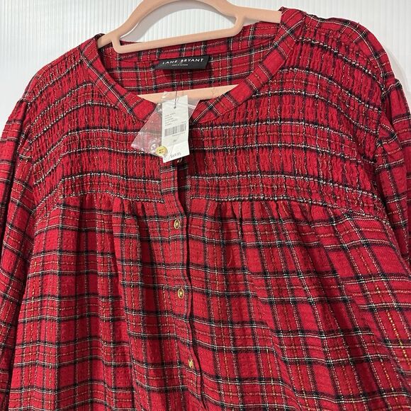Lane Bryant Top Size 20 Red Gold Plaid Shimmer Sparkle Gauzy Blouse NWT - Picture 4 of 11